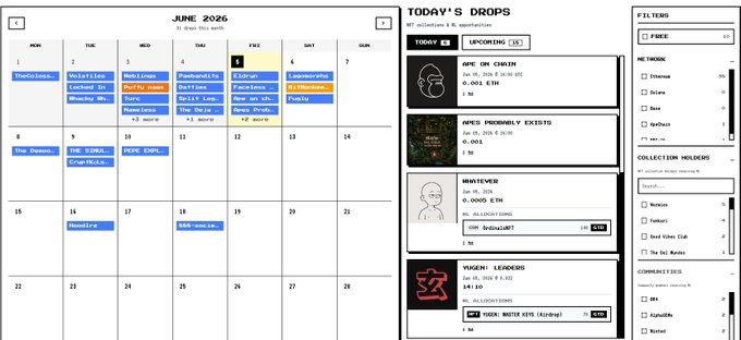 The image presents a detailed schedule of events including dates and times, as well as information about the NFT drops available through NFTLine website. It also provides context for each event by stating whether they are free or cost money, and details on who is receiving them. The main focus of the photo appears to be the list provided within the image itself rather than any additional context outside it. This schedule gives a clear picture of what is being offered through NFTLine's NFT drops this day.