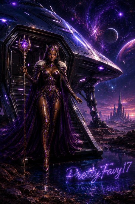 The image features a woman dressed in a purple outfit with wings and holding a staff, standing next to a spaceship. The background of the image shows a planetarium or a space station, which adds an element of fantasy and adventure to the scene. The caption "Pretty Fairy17" is written below the image, possibly indicating that this artwork was created by someone named Pretty Fairy.