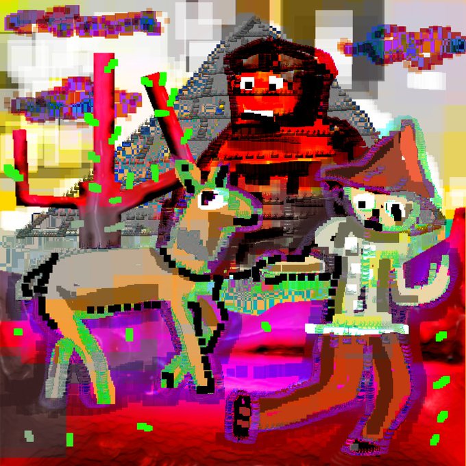 A heavily distorted, pixelated image featuring what appears to be cartoon characters and a red figure against a chaotic, colorful background.