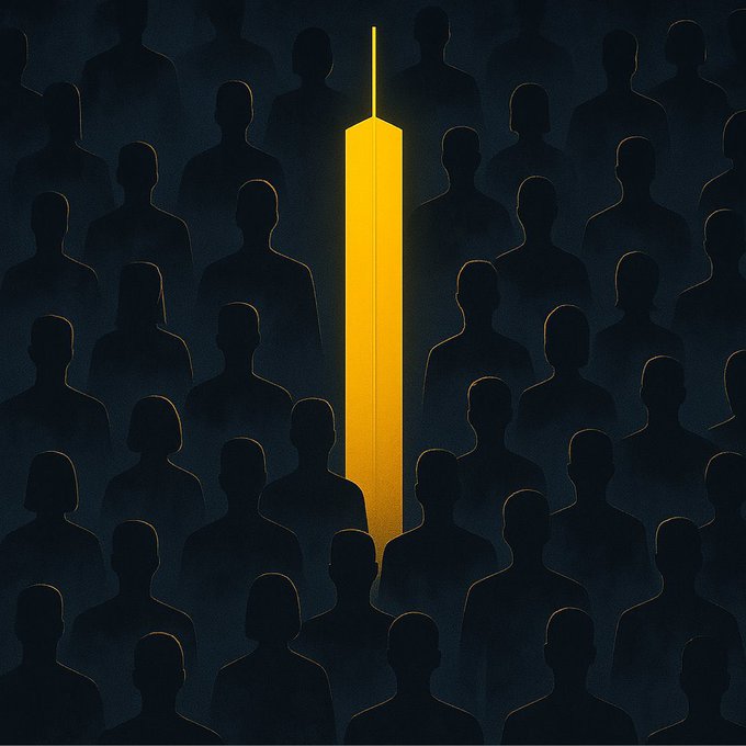 A stylized graphic depicts rows of dark human silhouettes facing a single bright golden, obelisk-like figure in the center.
