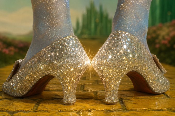 A close-up shot of iconic sparkly red ruby slippers from The Wizard of Oz, with the heels touching and emitting a spark of light, set against a yellow brick road background.