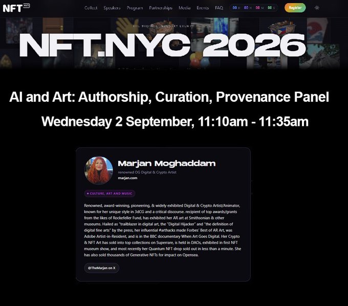 A promotional graphic for NFT.NYC 2026 advertising an 'AI and Art: Authorship, Curation, Provenance Panel' on Wednesday 2 September, 11:10am - 11:35am, featuring artist Marjan Moghaddam.