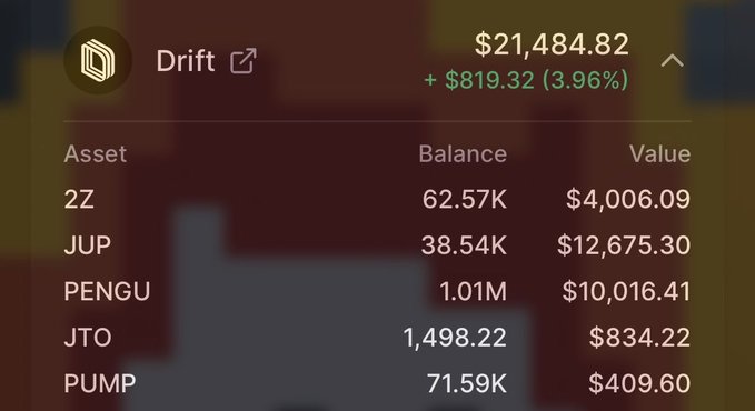 Crypto portfolio screenshot titled "Drift" showing a total value of $21,484.82 (+$819.32 / 3.96%), with holdings in 2Z, JUP, PENGU, JTO, and PUMP.