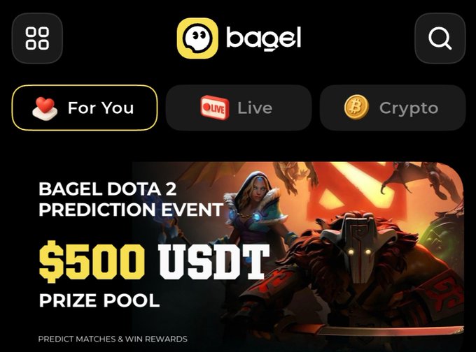 The image shows the Bagel app interface featuring a "Bagel Dota 2 Prediction Event" banner advertising a $500 USDT prize pool, with "For You," "Live," and "Crypto" navigation tabs and "Predict Matches & Win Rewards" as the call-to-action—directly promoting the Dota 2 trading event announced for September 30 to October 31.