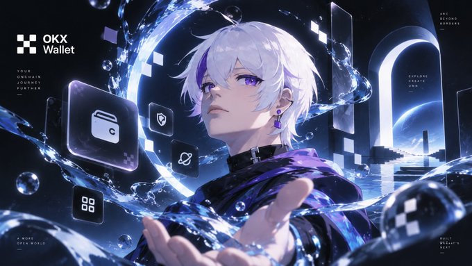 An anime-style character with white and purple hair stands surrounded by swirling blue water and floating app icons, with "OKX Wallet" and "C" branding visible in the background. The image ties into the post by illustrating the use of OKX Wallet to purchase TOLLY on the newly launched Arc blockchain.