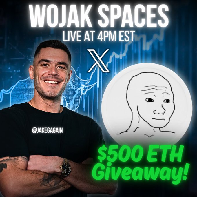 The graphic promotes a "Wojak Spaces" event live at 4PM EST, featuring @JakeGagain alongside a Wojak meme character, with bold green text announcing a "$500 ETH Giveaway!" that matches the tweet's details about teaming up with @WojakCTO for a $500 Ethereum giveaway.