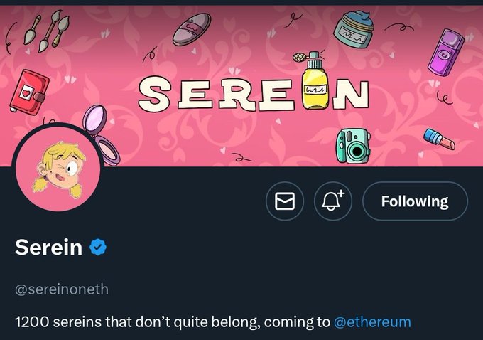 The image features a pink background with various items, including a cartoon girl's face, a pink banner that says "serein", and some other cartoon characters. The caption of the image reads "Early Alpha - @sereinoneth • MP is TBA ... coming to ETH whitelist application already live on their website Lemme know when followed...". This post seems to be related to the character Serenity, as it has a pink background with cartoon elements and text that talks about her.