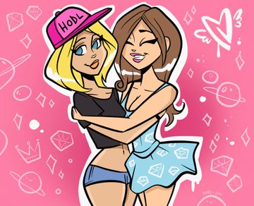 Two cartoon-style "Vixen" characters embrace on a pink background with hearts, diamonds, and crowns, with one wearing a cap that reads "HODL" in black text. The illustration visually promotes the giveaway, showcasing the artistic style of the MetaVixensNFT collection being celebrated.