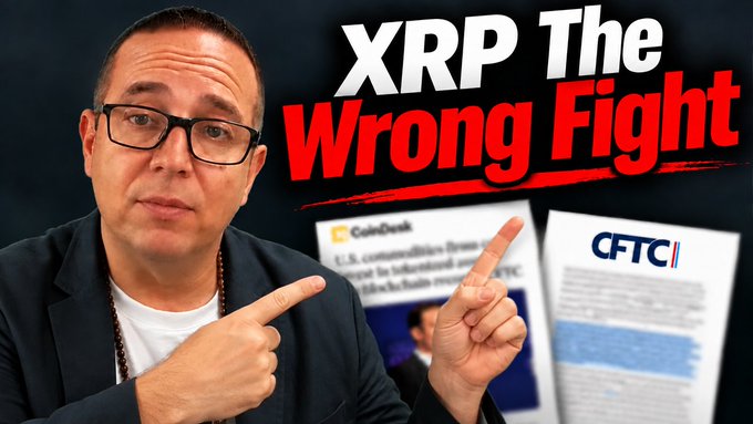 A man with glasses points at documents labeled 'CFTC' and 'CoinDesk' beside the bold red and white text 'XRP The Wrong Fight'.