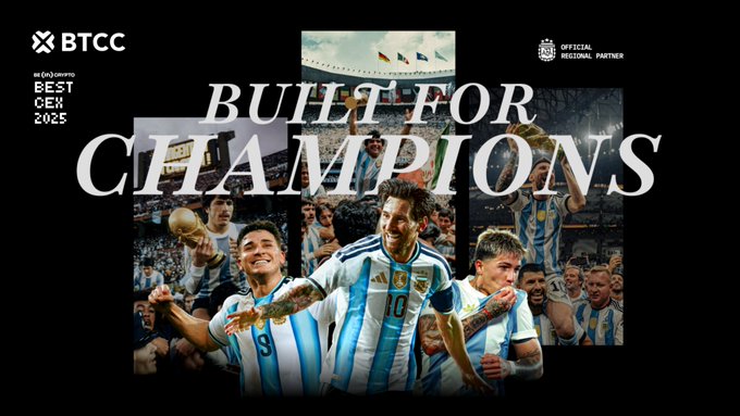 The image features three soccer players wearing blue and white jerseys, standing together with their arms raised high in celebration of their victory. The text "built for champions" can be seen above them, indicating that they have won a championship. The background includes other photos of the same team members, as well as some text about an upcoming World Cup event.