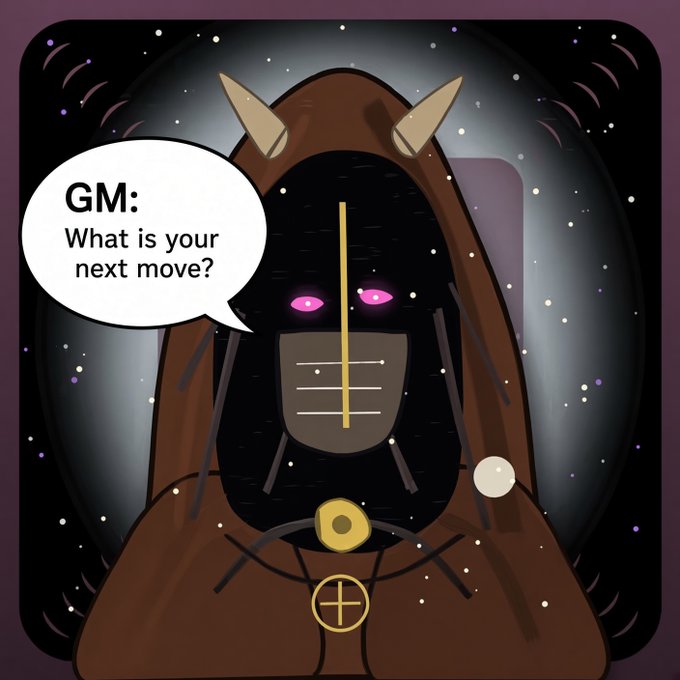 A cartoon character in a brown hooded robe with glowing pink eyes and golden horns, with a speech bubble reading 'GM: What is your next move?' against a starry space background.