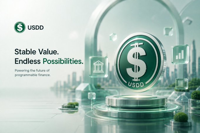 A promotional banner for USDD stablecoin reading 'Stable Value. Endless Possibilities. Powering the future of programmable finance,' with a green coin emblem against a futuristic cityscape.