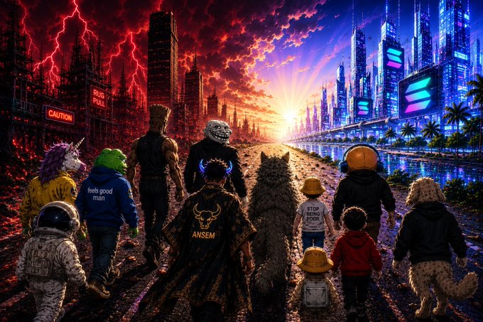 A vibrant digital artwork depicting a diverse group of characters (including figures in fursuits, a person with a unicorn head, astronauts, and others) standing on a road looking toward a futuristic city split between a red stormy apocalyptic side and a bright neon-lit side.