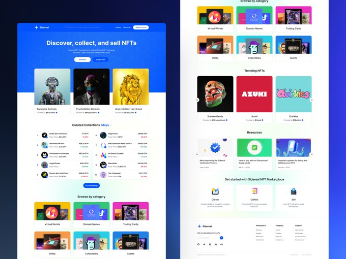 A website mockup for the 'Sideral' NFT marketplace features the headline 'Discover, collect, and sell NFTs,' displaying curated collections, browse categories (Virtual Worlds, Domain Names, Trading Cards), trending NFTs, and resources on a blue and white interface.