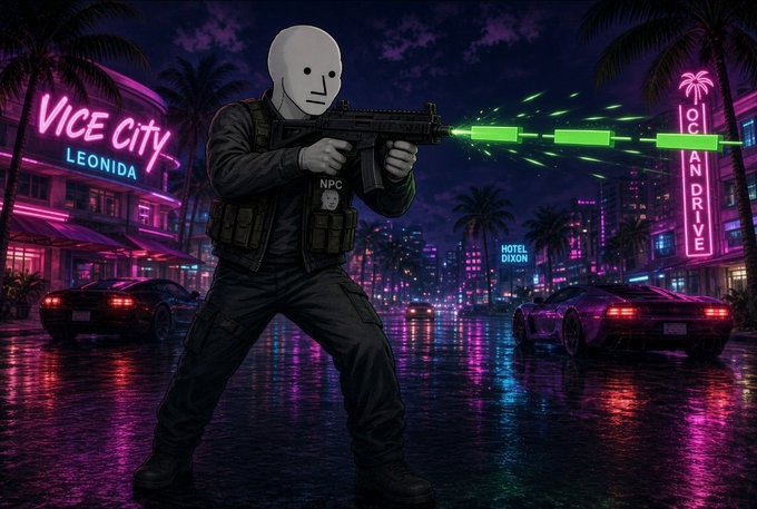 A digital illustration of a tactical character wearing a white mask, holding an assault rifle with green laser sights, standing in a neon-lit 'VICE CITY LEONIDA' street at night with sports cars.