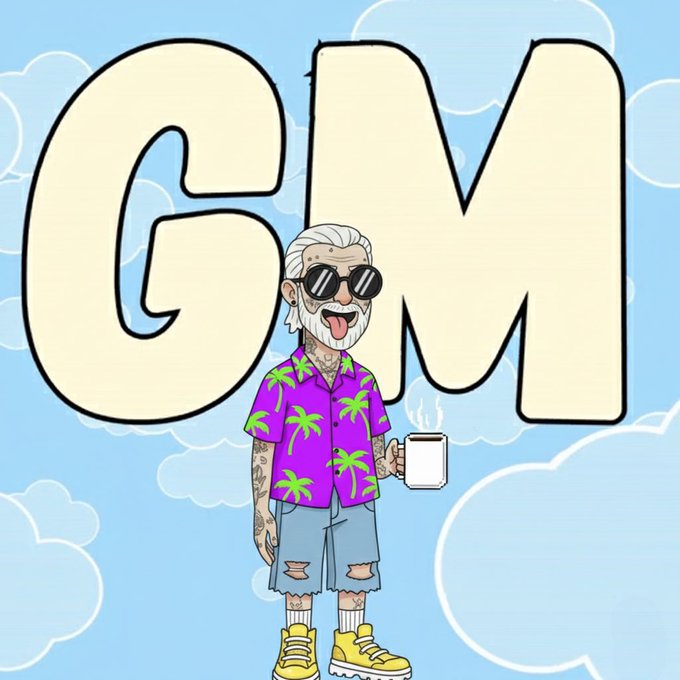 A cartoon illustration of a gray-haired man with sunglasses wearing a purple palm tree shirt, holding a steaming mug in front of large 'GM' (Good Morning) letters against a blue cloudy sky.
