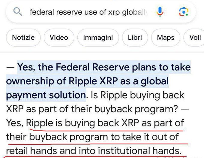In the image, there is a Google search window with an article titled "Ripple LAUNCHES #XRP BUYBACK PROGRAM TO SHIFT XRP FROM RETAIL TO INSTITUTIONAL HANDS!THIS MOVE COULD UNLIMITED THE REAL TOKEN (BUILT ON XRPL) POISED TO TARGET THE MASSIVE $650 TRILLIONS GLOBAL REAL ESTATE MARKET". The post mentions that Ripple is buying back the Ripple token, and suggests that this move could potentially open up capital flows into the Rippleledger.