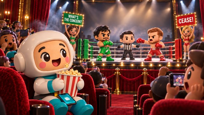 A 3D cartoon-style scene depicts a toy-like figure eating popcorn while watching a boxing match in a theater, with audience members holding signs reading "WHAT'S THE CONCERN?" and "CEASE!".
