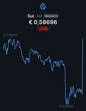 A mobile screenshot of a crypto tracker showing the SUI token at '€ 0,58696' (-1.14%) with a blue line chart depicting price fluctuations.