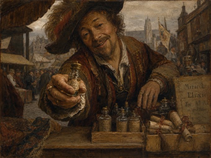 A Baroque-style oil painting depicting a smiling man in a feathered hat displaying a small bottle, with a sign reading 'Miracle Elixir For All Ailments', set in a crowded marketplace.
