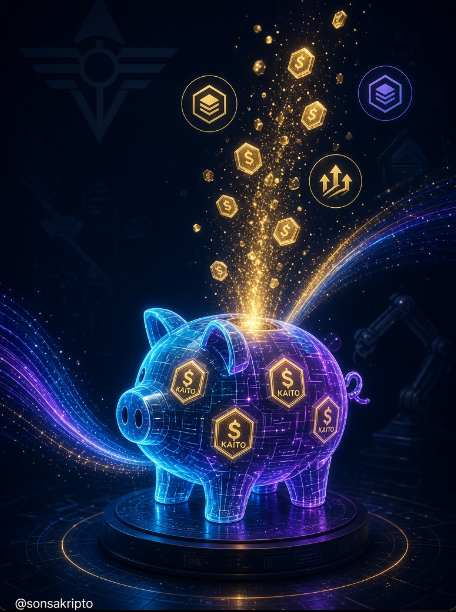 A digital artwork (watermarked @sonsakripto) featuring a holographic piggy bank labeled 'KAITO' with golden coins and tokens floating upward from it.