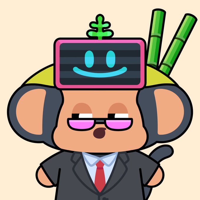 A cartoon illustration of a monkey character wearing a dark suit with a red tie, pink-tinted glasses, and a pink virtual reality headset with a smiley face display, with bamboo stalks visible behind it.