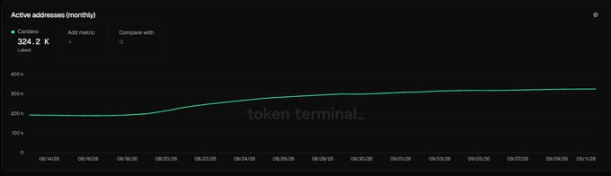 A line chart from Token Terminal displays Cardano's monthly active addresses at 324.2K, showing a gradual upward trend from mid-August to early September 2025.