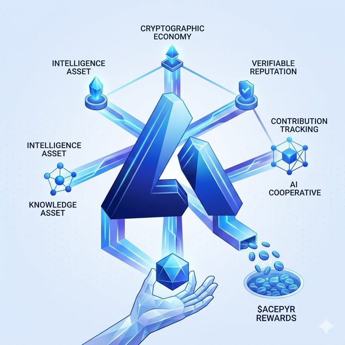 The image features a hand holding a blue cube with the number 4 on it, surrounded by blue cubes. The hand appears to be interacting with the cubes, possibly knocking them down or rearranging them. Below the hand, there are several text boxes that provide information about the concept of AcePyr and its purpose in today's internet landscape. These boxes explain how AcePyr treats intelligence as an asset rather than a currency, rewarding users for their ideas, decisions, and contributions by providing value through various means such as knowledge sets or other forms of content creation. The text also mentions that AcePyr rewards users with "scepter rewards" in the bottom right corner of the image.