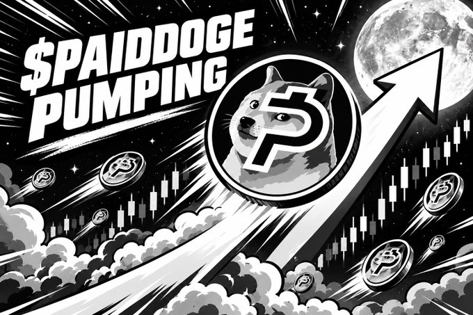 A black-and-white cartoon-style graphic displays "$PAIDDOGE PUMPING" in bold lettering across the upper left, accompanied by a rocket trajectory soaring past a full moon toward the upper right, with an upward-trending arrow piercing through the center—visually reinforcing the post's "charging toward the moon" message—while a Shiba Inu dog overlaid with a stylized "P" logo emerges from billowing rocket exhaust clouds, candlestick charts depicting rising prices, and scattered Doge-themed coins floating throughout the starry scene.