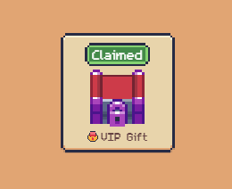 A pixel art graphic on an orange background showing a card labeled 'Claimed' and 'VIP Gift' containing an image of a red and purple arcade cabinet.