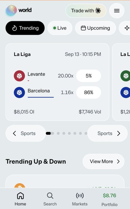 A mobile app screenshot showing a sports betting market for a La Liga match between Levante and Barcelona, with Barcelona heavily favored at 1.16x with 86% odds.