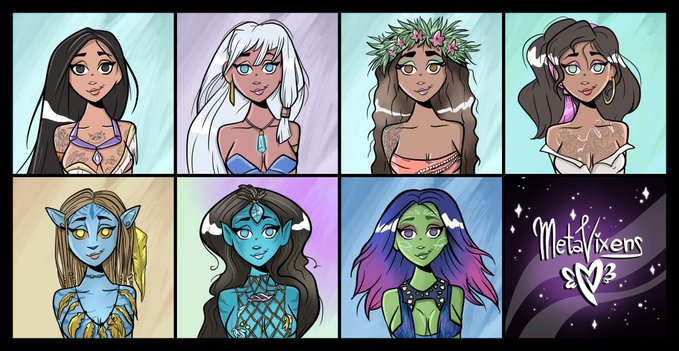 A grid of eight NFT character portraits featuring stylized female figures with various fantasy features including white hair, blue skin, pointed ears, and flower crowns, branded as 'MetaVixens 3.0'.