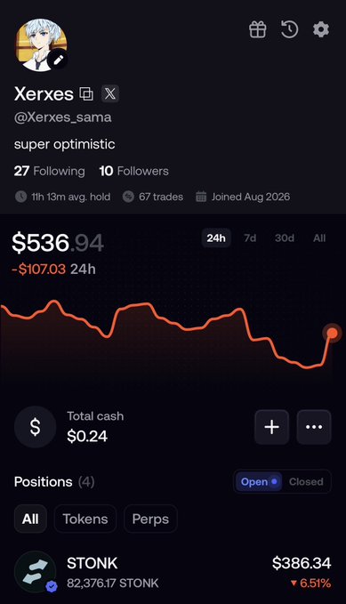 A trading app profile for user 'Xerxes' (@Xerxes_sama) displaying a portfolio value of $536.94 (down $107.03 in 24h), a downward-trending line chart, total cash of $0.24, and an open position in 'STONK' ($386.34, -6.51%).