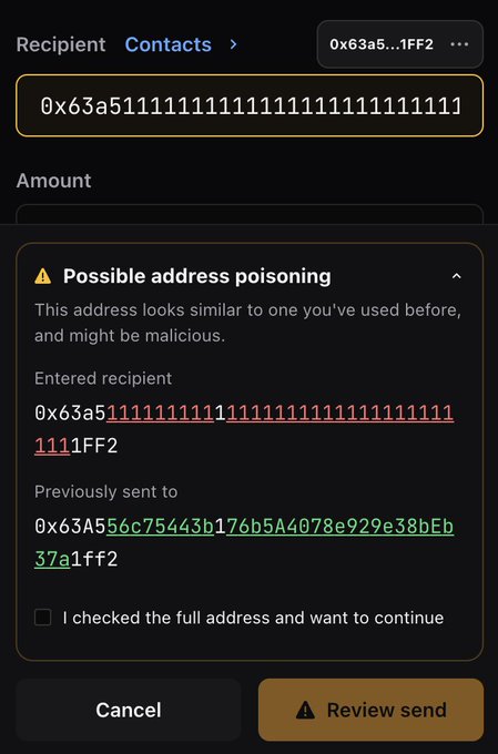 A cryptocurrency wallet warning screen titled 'Possible address poisoning', highlighting the differences between an entered recipient address and a previously sent address.