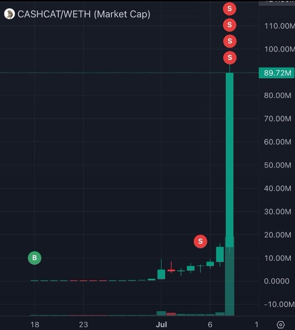 This image shows the market cap chart for CASHCAT/WETH, illustrating a massive price surge from under $1M to $89.72M in early July. The chart's dramatic rise suggests the incredible profit mentioned in the accompanying post.