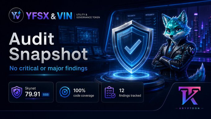 The image is an "Audit Snapshot" infographic for YFSX & VIN (Utility & Governance Token), featuring a fox mascot alongside a shield with a checkmark and security-themed backgrounds. It highlights key metrics including a Skynet score of 79.91 BBB, 100% code coverage, and 12 findings tracked with no critical or major findings, visually summarizing the CertiK audit results referenced in the post.