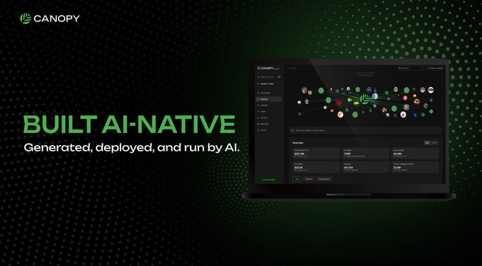 A Canopy (CNPY Network) promotional image with the headline "BUILT AI-NATIVE — Generated, deployed, and run by AI," showing a laptop displaying the platform's dashboard with a network visualization and queue interface. The visuals reinforce the post's point by highlighting Canopy's AI-driven infrastructure designed to simplify the app-building experience for developers.