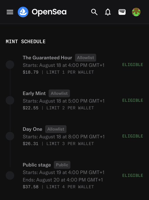 A screenshot of the OpenSea mint schedule showing four stages (The Guaranteed Hour, Early Mint, Day One, Public stage) with prices ranging from $18.79 to $37.58, all marked as 'ELIGIBLE'.