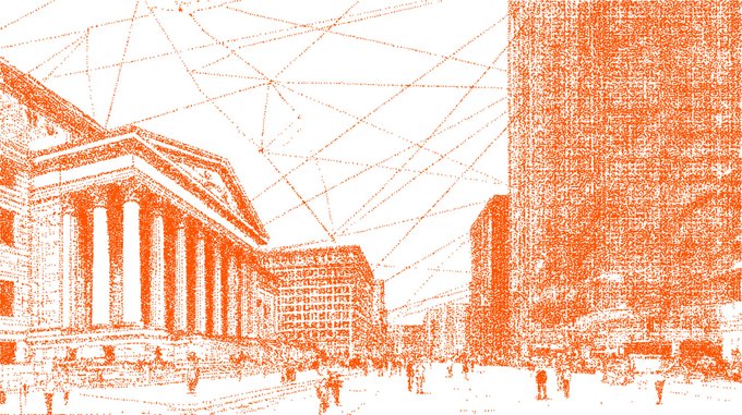 An orange pointillist-style sketch of a city square featuring classical architecture with columns and modern skyscrapers, overlaid with a geometric network of connected dots and lines.