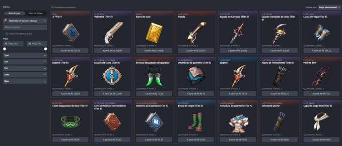 An in-game marketplace interface in Portuguese displaying various collectible items (Ter Tier 50 and Tier 4) such as cards, boots, pants, capes, gloves, and weapons with their prices in NE coins.