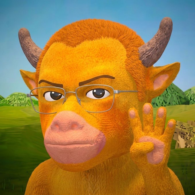 A 3D rendering of a yellow, furry bull-like character wearing glasses and raising its hand, resembling the character from 'The Bull is Coming' (牛来了).