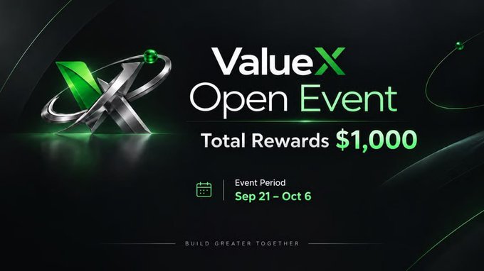 Promotional graphic for the "ValueX Open Event" featuring a stylized green and metallic 3D logo, advertising a $1,000 total reward pool during an event period running September 21 – October 6, tied to the ValueX airdrop distributing 1,000 USDT among 130 winners on October 7th.