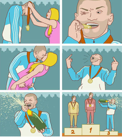 A six-panel comic depicting a man winning an Olympic medal, biting it, then drinking champagne on the podium and spitting it at the third-place winner.