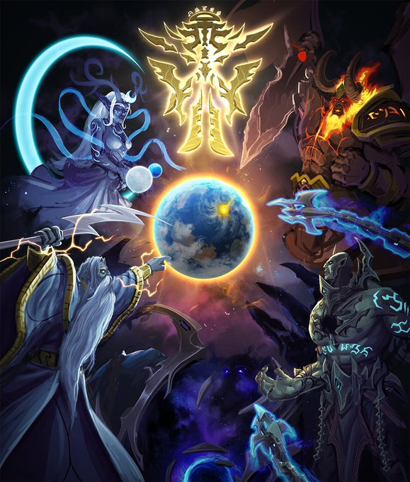 A celestial battle unfolds as cosmic warriors—wielding crescent blades, fiery axes, and ancient staves—converge around a glowing Earth, framed by a radiant golden symbol and swirling galaxies, embodying the ongoing struggle and craftsmanship over the universe in "The work on the cosmos continues."