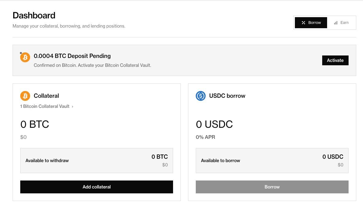 A cryptocurrency dashboard interface titled 'Dashboard' for managing collateral and borrowing, showing a pending '0.0004 BTC Deposit Pending' with an Activate button, alongside panels displaying '0 BTC' Collateral and '0 USDC' borrow amounts at 0% APR.