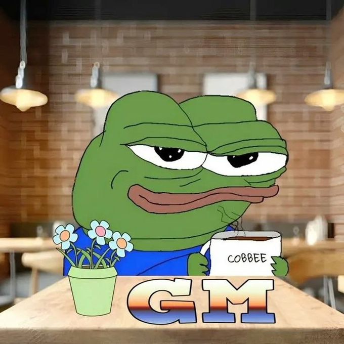 A cartoon image shows a smug Pepe the Frog holding a mug labeled 'COBBEE' with 'GM' written in gradient letters below it.
