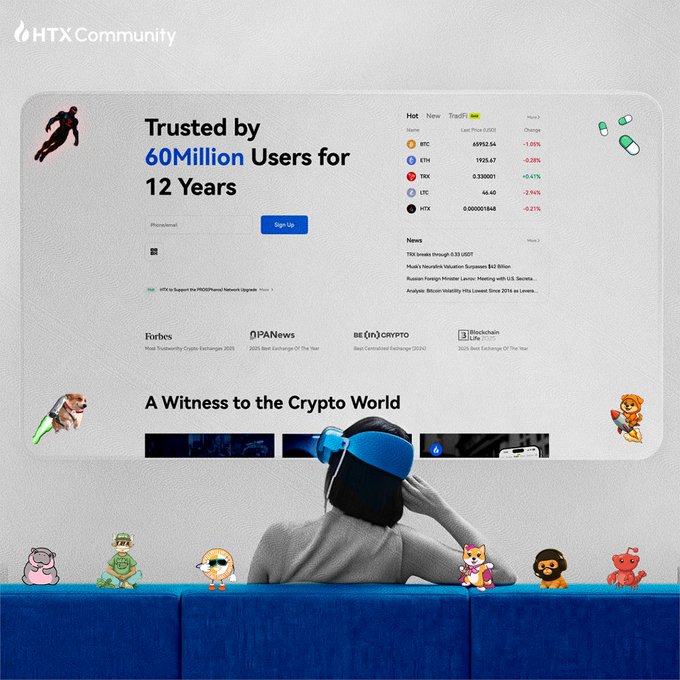 The image is an HTX Community promotional graphic featuring the headline "Trusted by 60 Million Users for 12 Years," alongside a crypto market table showing tickers BTC, ETH, TRX, LTC, and HTX with their prices and percentage changes, plus accolades from Forbes, BeInCrypto, and Blockchain.news.

The graphic visually supports the post's message by highlighting HTX's trusted reputation and showcasing the diverse cryptocurrencies available to trade, encouraging users to pick their next "moon" candidate from the listed coins.
