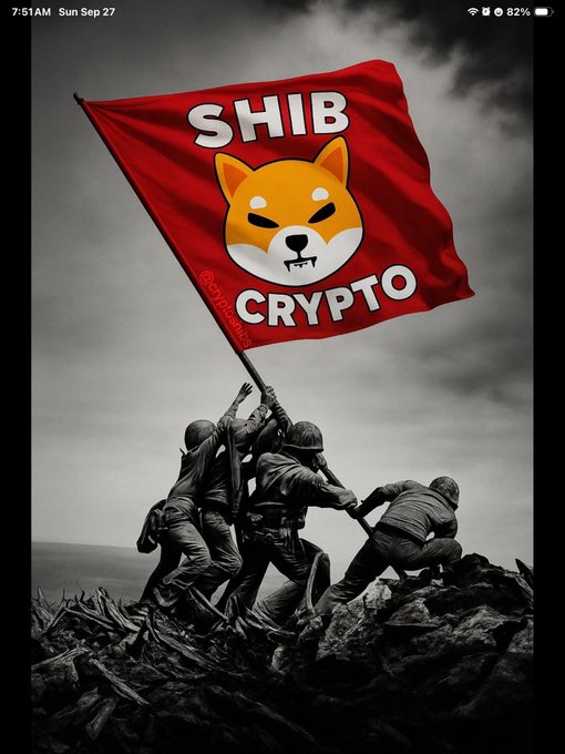 A black-and-white photo of soldiers raising a flag, digitally altered with a red flag bearing the Shiba Inu dog mascot and the text 'SHIB CRYPTO'.