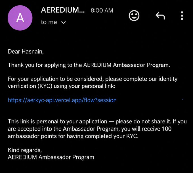 An email from 'AEREDIUM...' addressed to 'Dear Hasnain' requests identity verification (KYC) for the AEREDIUM Ambassador Program via a Vercel app link.
