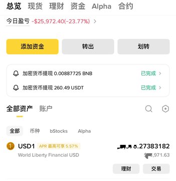 The image shows a Binance interface with "$25,972.40" in losses and a "USD1" asset with a 5.57% APR, aligning with the user's post about stashing USD1 on Binance.